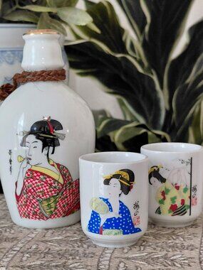 Vintage Geisha Sake Bottle and Two Cups